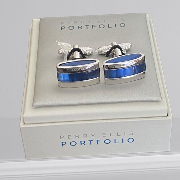 Perry Ellis Portfolio Men's Cufflink Set Silver Blue Rectangle Gift for Him - Picture 1 of 3